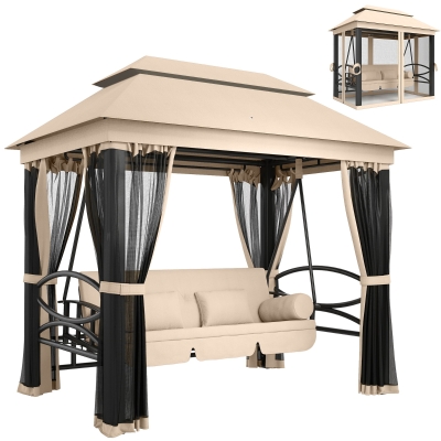 Outsunny 3 Seater Swing Chair 3-in-1 Convertible Garden Swing Seat Bed Gazebo Patio Bench Outdoor with Double Tier Canopy, Cushioned Seat, Mesh Sidewalls, Beige