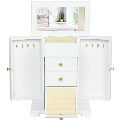 HOMCOM Boîte à Bijoux Bois 4 Niveaux Miroir 2 Tiroirs Blanc