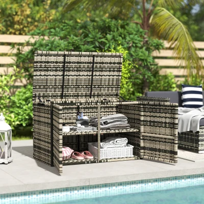Outsunny Rattan Opbergbox 350L – Weerbestendige Kussenbox met Deksel, Gasveren en Handgrepen, UV-bestendig – Tuinbox voor Tuin, Terras of Balkon, 118x57x69 cm, Gemêleerd Grijs