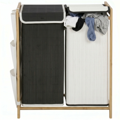 HOMCOM Panier à Linge 120L Bambou 2 Compartiments Blanc Noir