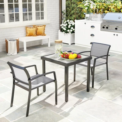 Outsunny 3-delig eetset, buitentafel in houtlook, 2 stoelen, weerbestendig, stalen frame, terrasmeubels, Grijs