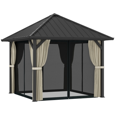 Outsunny 3 x 3 m harddak-paviljoen, tuinpaviljoen met metalen dak, waterbestendige tuintent met net en zijwanden, donkergrijs