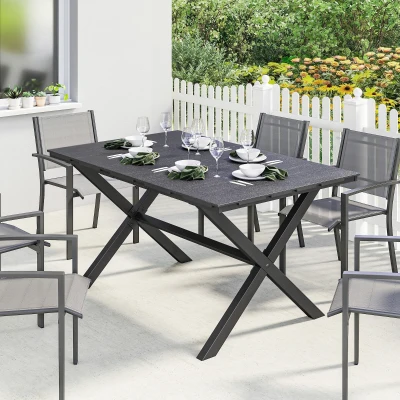 Outsunny Mesa de Comedor de Jardín para 6 Personas con Superficie de HDPE de Listones Estructura Metálica 150x90x74 cm Negro