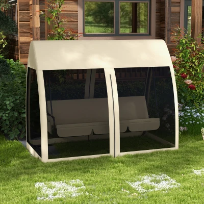 Outsunny 3-persoons terras-schommel, veranda-schommel met bedfunctie, Hollywoodschommel met muskietennet en stalen frame, Koffie
