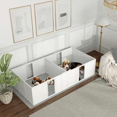 PawHut Werpkist voor puppy's, hondenren, puppyren met antislip vloerglijders en deur, houten honden werpkist, puppyren voor middelgrote honden, 196 x 96 x 48 cm, wit