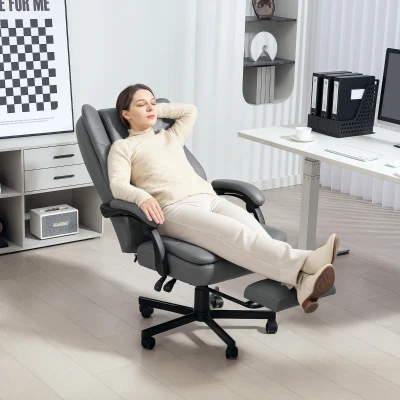 HOMCOM Bureaustoel met Massagefunctie, In Hoogte Verstelbare Bureaustoel met Kantelbare Rugleuning, Gestoffeerd, Met Wielen, Grijs