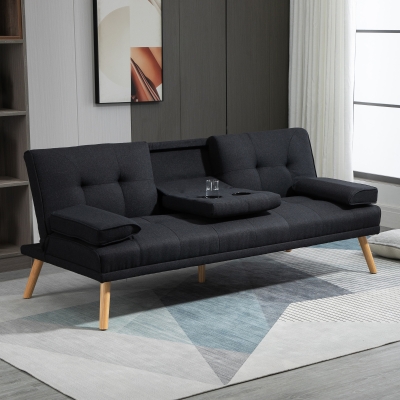 HOMCOM Slaapbank, logeerbed, verstelbare rugleuning, inklapbare tafel, 181x77x78 cm, Zwart