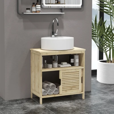 HOMCOM Móvel para Lavatório Pousar em Bambu com Portas Deslizantes de Ripas Compartimento Aberto 60x30x60 cm Madeira