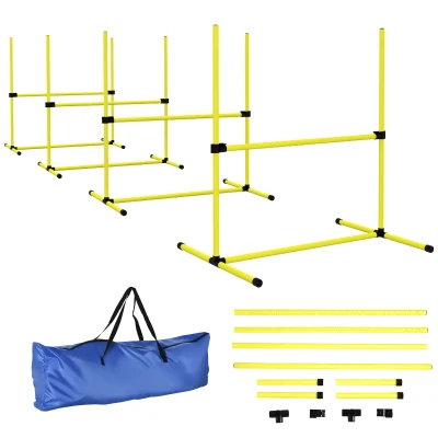 PawHut Set 4 Obstacole pentru Agility Dog, Antrenament Câini, Înălțime Reglabilă, cu Geantă de Transport, Galben