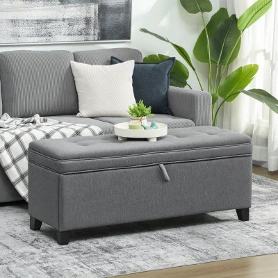 HOMCOM Zitbank met opbergruimte, gestoffeerde bank 120x40x48 cm met veiligheidsscharnieren, linnenlook, donkergrijs