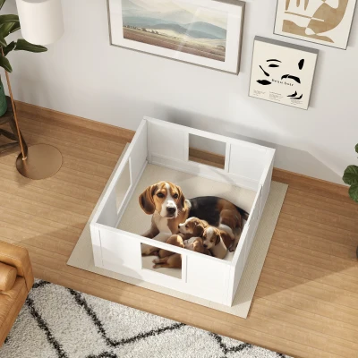 PawHut Werpkist voor Puppy’s, Puppyren met Verstelbare Deur, Hondenren met Antislip Voetjes, Werpkist voor middelgrote honden, 100x96x48 cm, Wit