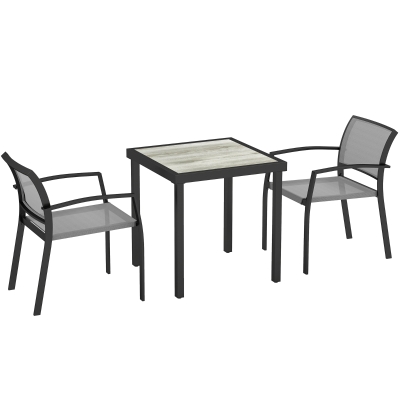 Outsunny 3-delig eetset, buitentafel in houtlook, 2 stoelen, weerbestendig, stalen frame, terrasmeubels, Grijs