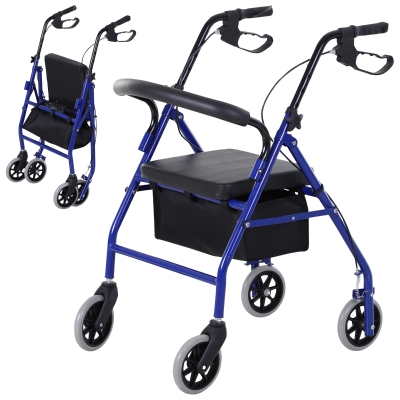 Déambulateur Pliable 4 Roues Frein Panier Métal Bleu