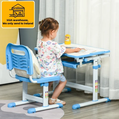 HOMCOM Kids Desk and Chair Set, Height Adjustable Student Writing Desk, Children School Study Table with Tiltable Desktop, Drawer, Pen Slot, Hook - Blue