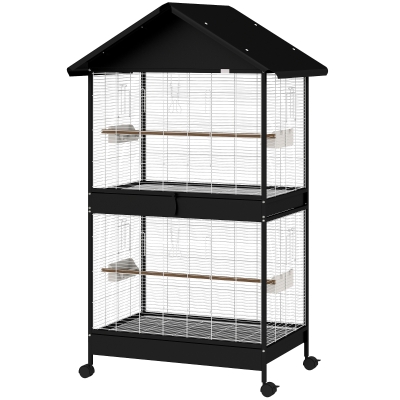 PawHut Volière XXL Cloison Amovible 2 Portes Roulettes 4 Perchoirs