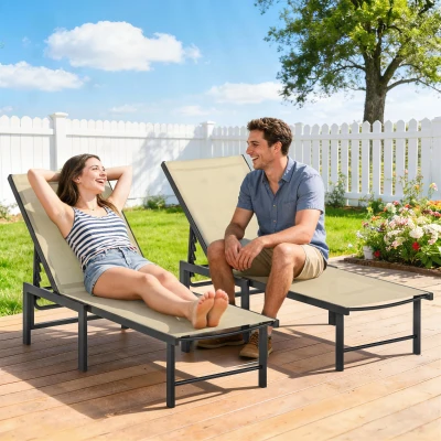 Outsunny Set of 2 Sun Loungers Adjustable Steel Khaki