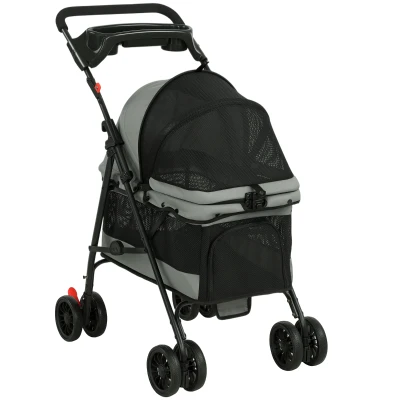PawHut Cochecito para Perros Plegable de 4 Ruedas de EVA Giratorio y Freno Ventanas de Malla Cojín Lavable Portavasos Gris