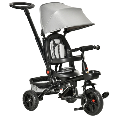 HOMCOM 4 in 1 Kids Trike Toddler Foldable Pedal Tricycle w/ Reversible Angle Adjustable Seat Removable Handle Canopy Belt Brake - Grey