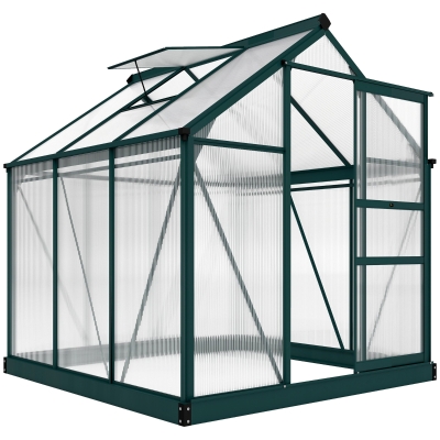 Outsunny Invernadero de Jardín 2x2 m Policarbonato y Aluminio Vivero Casero con Tragaluz Protección UV30 y Base 3,65 m² para Macetas Cultivo Plantas Flores Transparente