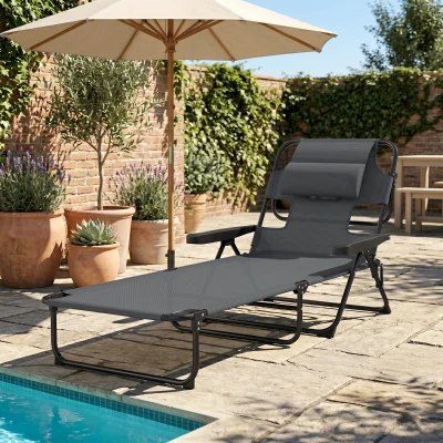 Outsunny Tumbona Plegable Respaldo Ajustable Orificio de Lectura Reposacabezas y Brazos Carga 120 kg 145x72x89 cm Gris Oscuro