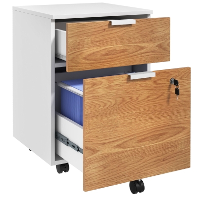 HOMCOM Mueble Archivador con Ruedas 2 Cajones Barra Colgante para Carpetas A4 y Carta Cerradura 42x40x60 cm Blanco y Natural
