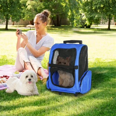 PawHut Pet Carrier on Wheels, 2 in 1 Pet Backpack Cat Puppy Dog Carrier w/ Telescopic Handle for Travel, Blue