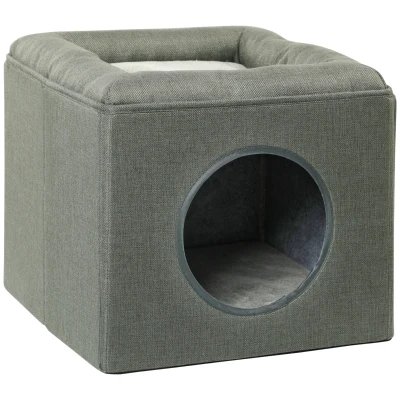 PawHut Căsuță pentru Pisici cu 2 Niveluri, cu Pernă din Pluș, din Lemn, Poliester și Plastic, 36,5×36,5×33 cm, Verde