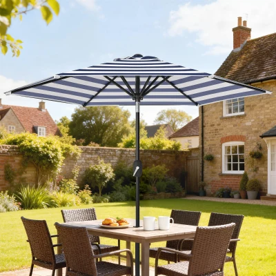 Outsunny Chapéu de Sol Exterior Ø230 cm com Ângulo Ajustável e Manivela Impermeável Azul e Branco