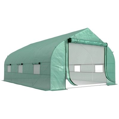 Outsunny Walk-in Polytunnel Garden Greenhouse - Outdoor Mesh Door Greenhouse with PE Cover and 6 Windows, 4.5 x 3 x 2m, Green