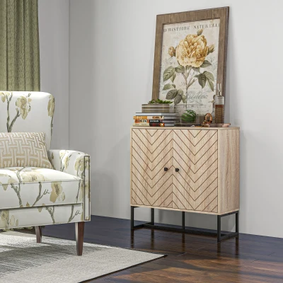 HOMCOM Storage Cabinet, Kitchen Cupboard with Chevron Double Doors, Adjustable Shelf and Metal Frame