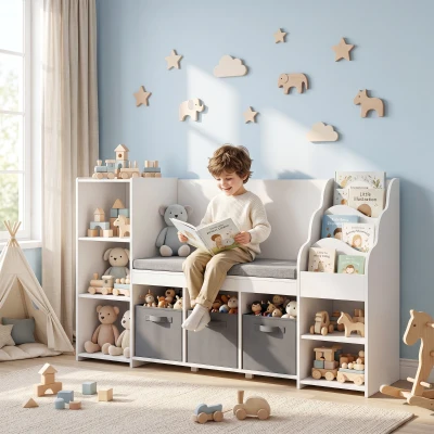 AIYAPLAY Spielregal für Kinder 3-8 Jahre mit 3-stufiger Bücherablage, 3 Schubladen, 4 Fächern, Kissen, Weiß