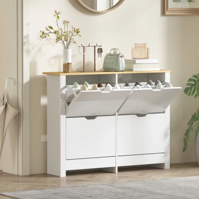 HOMCOM Zapatero Estrecho con 4 Compartimentos Abatibles para 8-16 Pares de Zapatos 105x26x80 cm Blanco y Natural