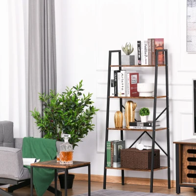 HOMCOM 4-Tier Vintage Ladder Shelf Wood Storage Stand Black Brown