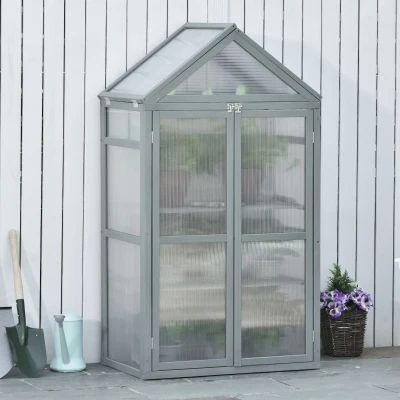 Outsunny 80 x 47 x 138cm Garden Cold Frame with Adjustable Shelves, Polycarbonate Greenhouse with Double Doors, Openable Top Covers, Grow House for Flower Vegetable Plants, Grey