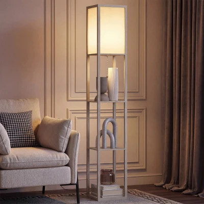 HOMCOM 3-Tier Floor Lamp Oak 160cm with Storage Shelf