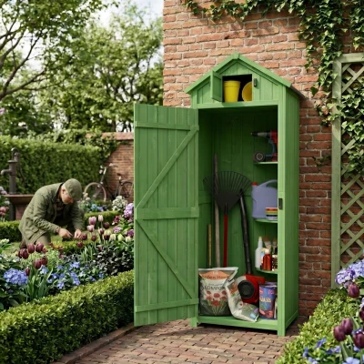 Outsunny Tuinkast hout 3 planken asfalt dak ventilatie afsluitbare deur tuin Groen