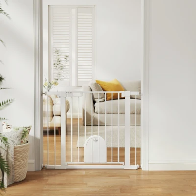 PawHut Barrière Animaux Ajustable avec Petite Porte en Acier Blanc