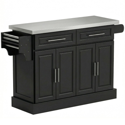 HOMCOM Isla de Cocina con Ruedas Tablero de Acero Inoxidable Cajones Estantes Ajustables Especiero Toallero 145x45x93 cm Negro