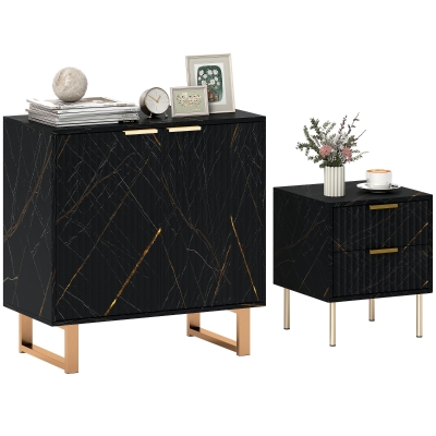 HOMCOM Accent Cabinet Marble Effect Fluted Doors Black