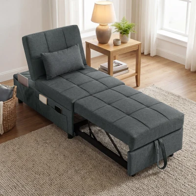 HOMCOM Fauteuil Convertible 1 Place Lit Gris Rembourré