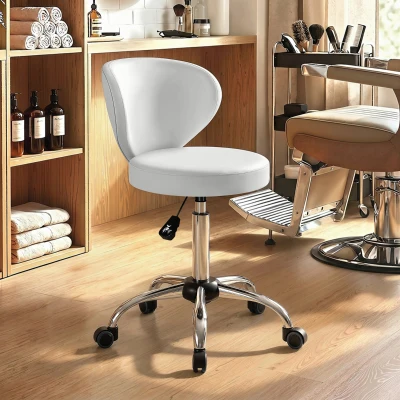HOMCOM Tabouret Massage PU Blanc Pivotant Dossier Réglable 73-88cm