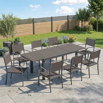 Outsunny Salon Jardin 8 Places Table Extensible Polybois Aluminium Gris
