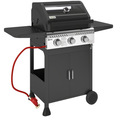 Outsunny 3-Burner Gas BBQ Grill with Lid - Black