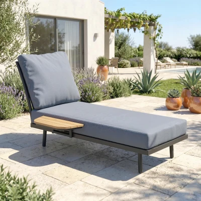 Outsunny Chaise Longue Métal Gris avec Coussins et Étagère 58x137cm
