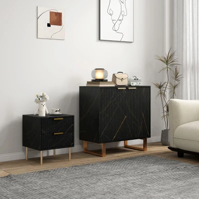 HOMCOM Accent Cabinet Marble Effect Fluted Doors Black