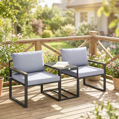 Outsunny Mobilier Balcon 3P 2 Fauteuils Table Coussins Gris