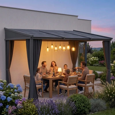 Outsunny Pergola 3,65m x 2,55m met schuifdak en gordijnen donkergrijs