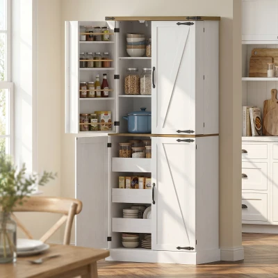 HOMCOM Buffet Haut Armoire Cuisine 4 Portes 3 Tiroirs 76x182cm Blanc