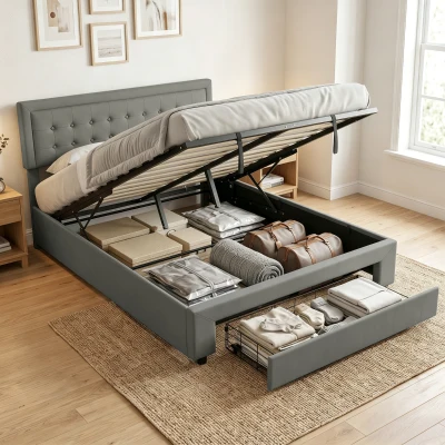 HOMCOM King Ottoman Bed Frame with Front Drawer Grey