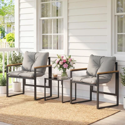 Outsunny Salon Jardin 3pcs 2 Places Gris avec Table Verre